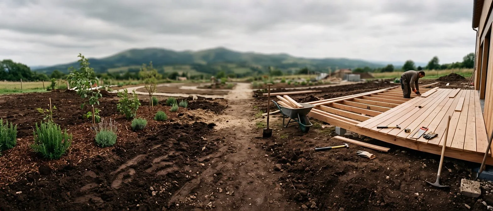 Jardin en chantier : terre fraîche, jeunes plantations, terrasse en cours